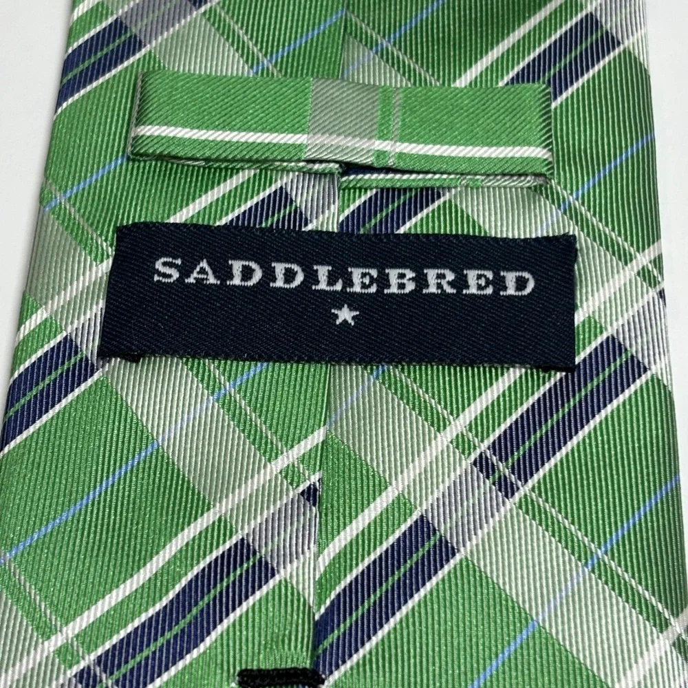Saddlebred Silk Necktie Mens One Size Green Plaid Classic Formal Tie Preppy